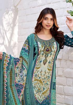 Turquoise Blue Printed Cotton Kurta Set
