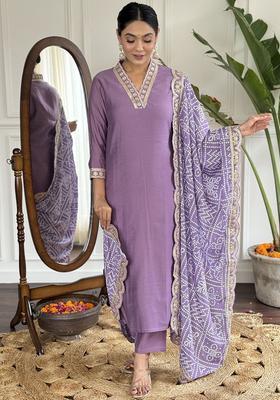 Lavender Embroidered Viscose Kurta Set