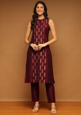 Burgundy Printed Silk Kurta Set