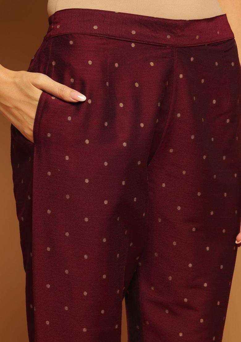 Burgundy Printed Silk Blend Kurta Set - Indya