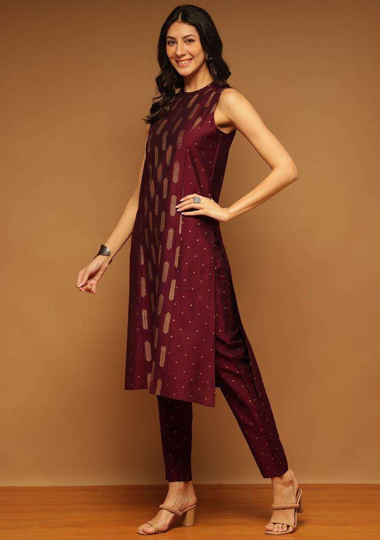Burgundy Printed Silk Blend Kurta Set - Indya