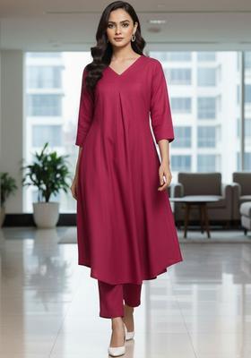 Red Self Design Cotton Kurta Set