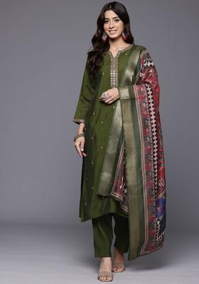 Olive Embroidered Silk Blend Kurta Set