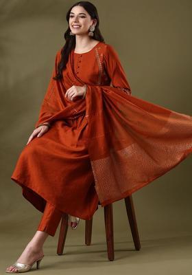 Brown Embroidered Silk Anarkali Set