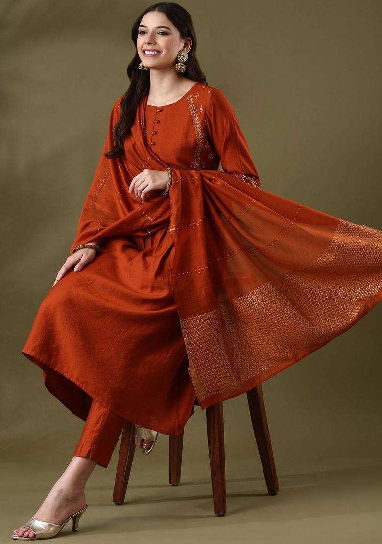 Brown Embroidered Silk Anarkali Set - Indya