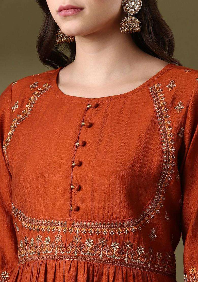 Brown Embroidered Silk Anarkali Set - Indya