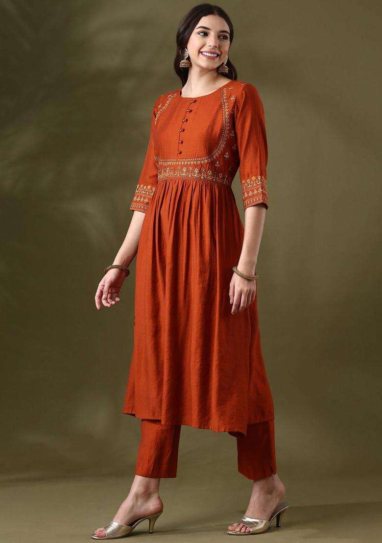 Brown Embroidered Silk Anarkali Set - Indya