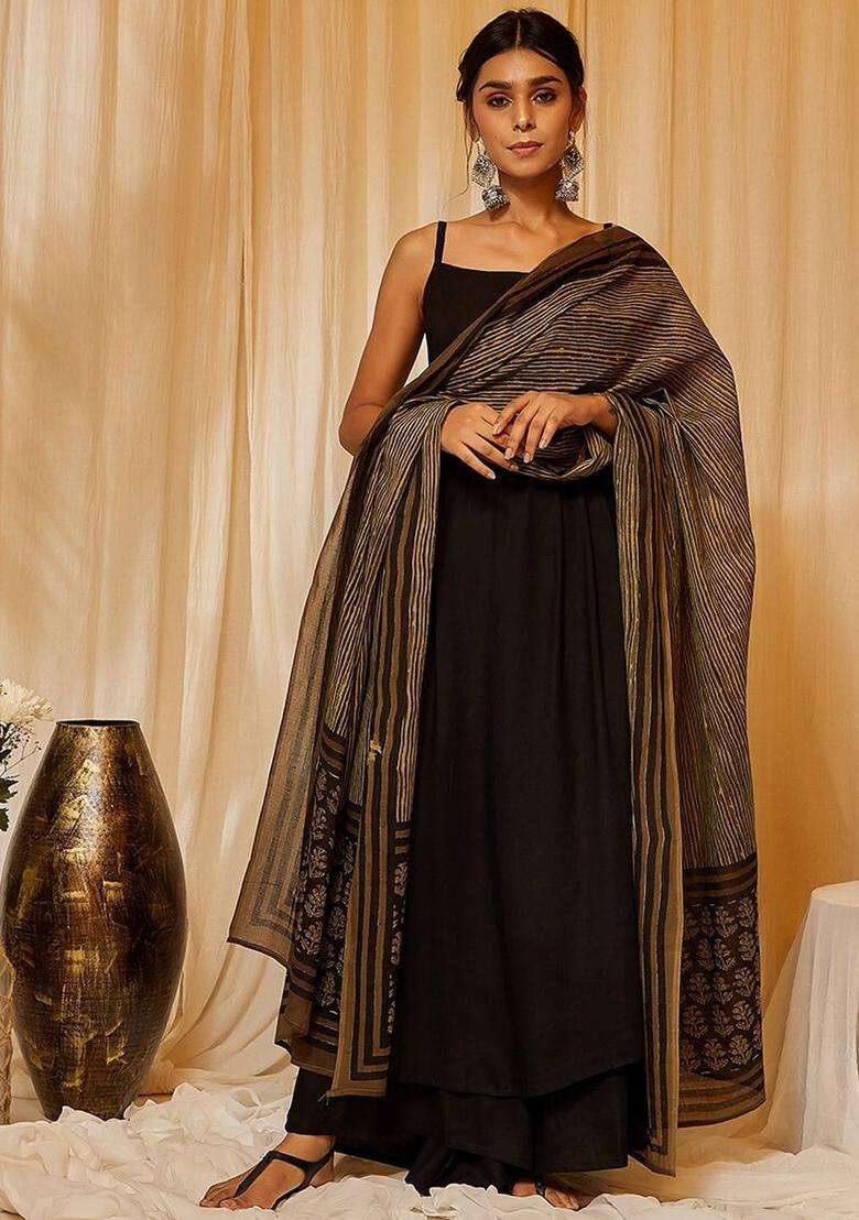 Black Solid Viscose Anarkali Set - Indya