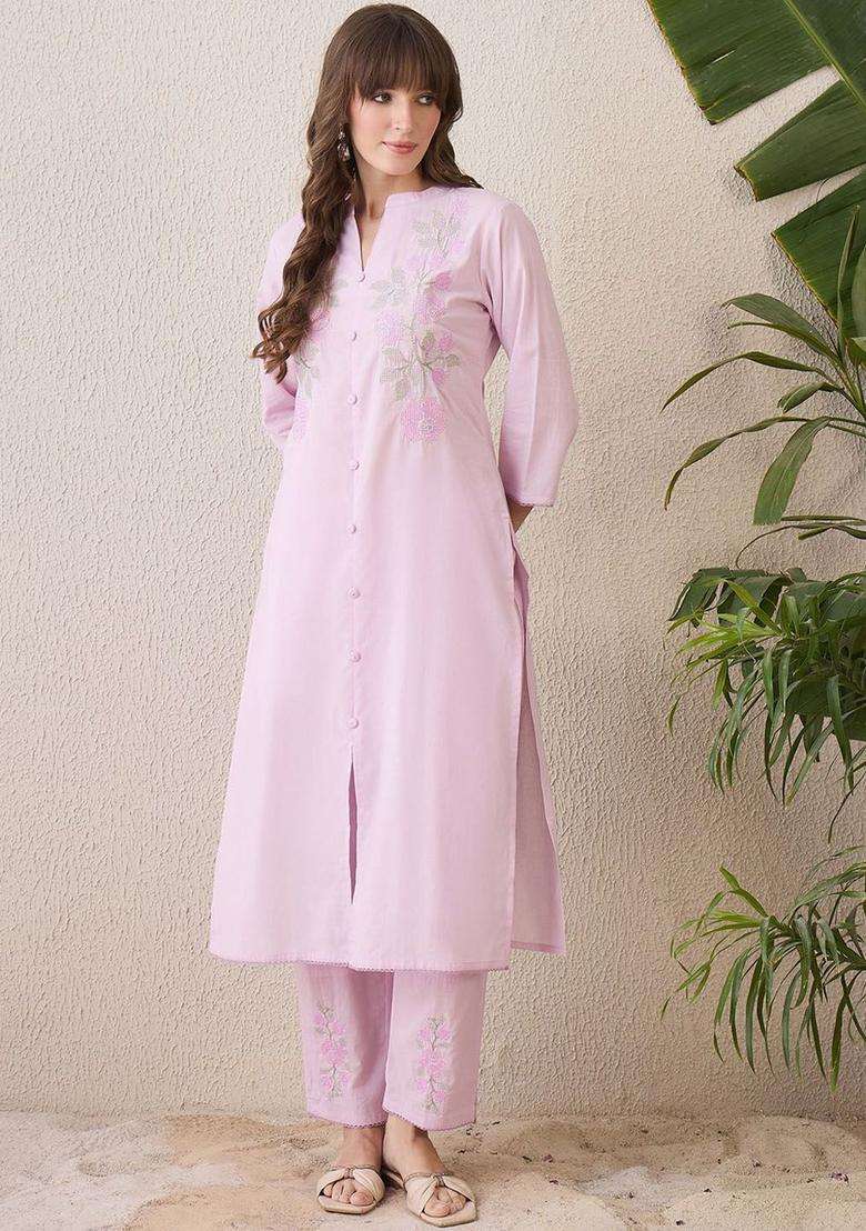 Lavender Embroidered Cotton Kurta Set - Indya