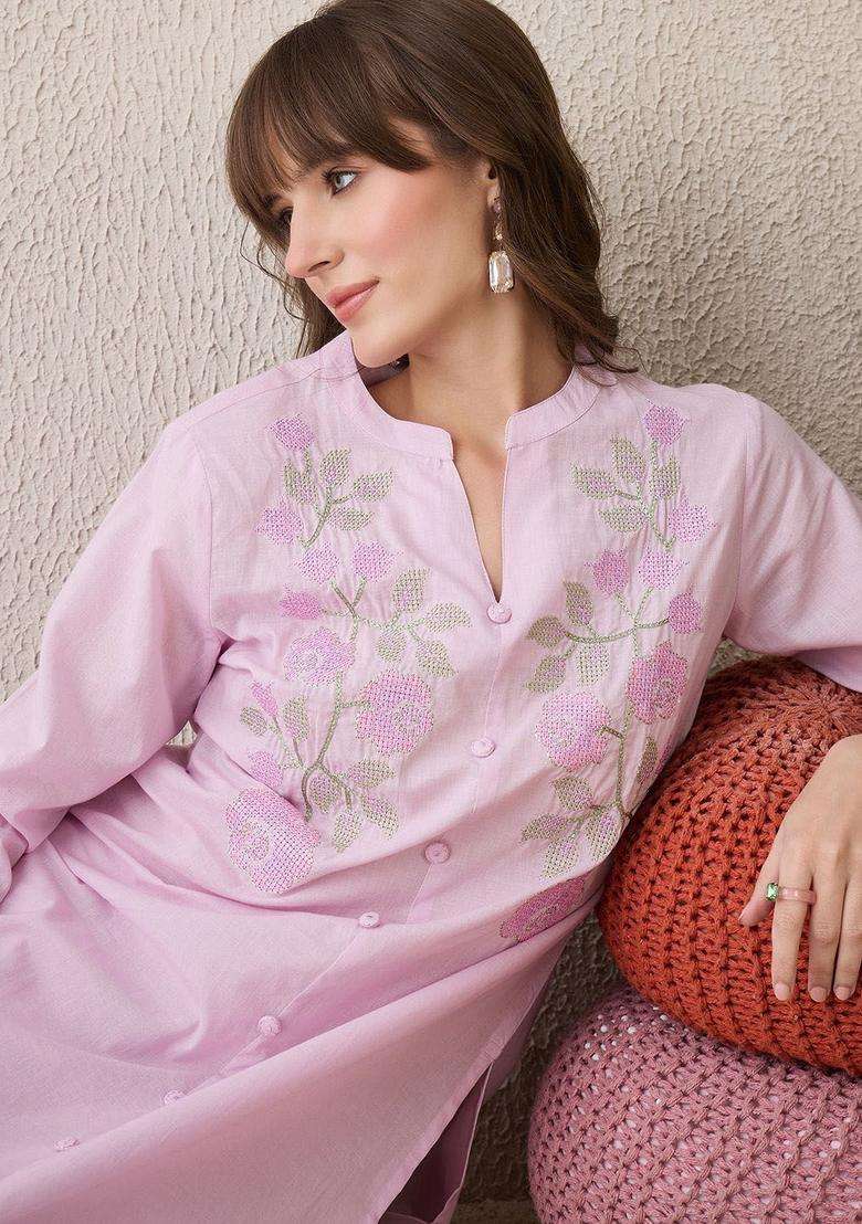 Lavender Embroidered Cotton Kurta Set - Indya