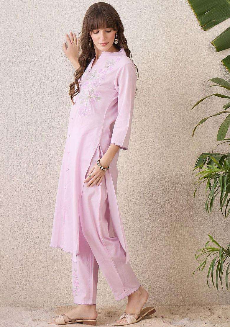 Lavender Embroidered Cotton Kurta Set - Indya