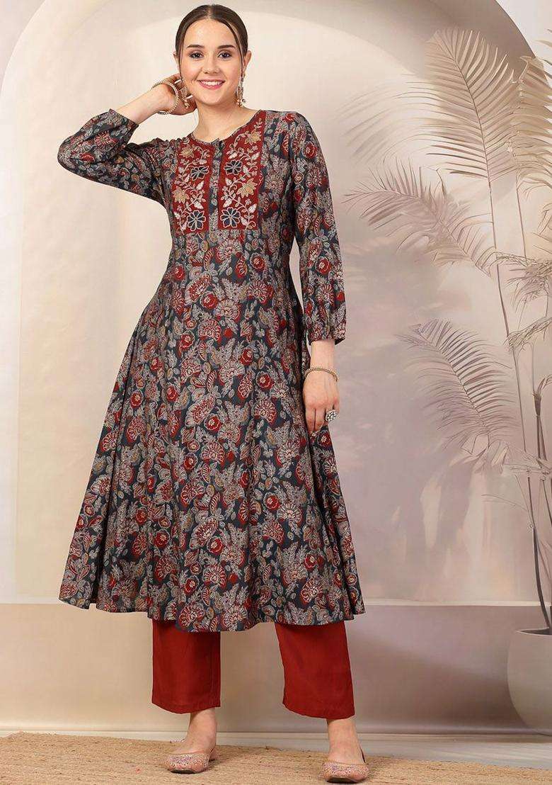 Navy Blue Printed Chanderi Kurta Set - Indya