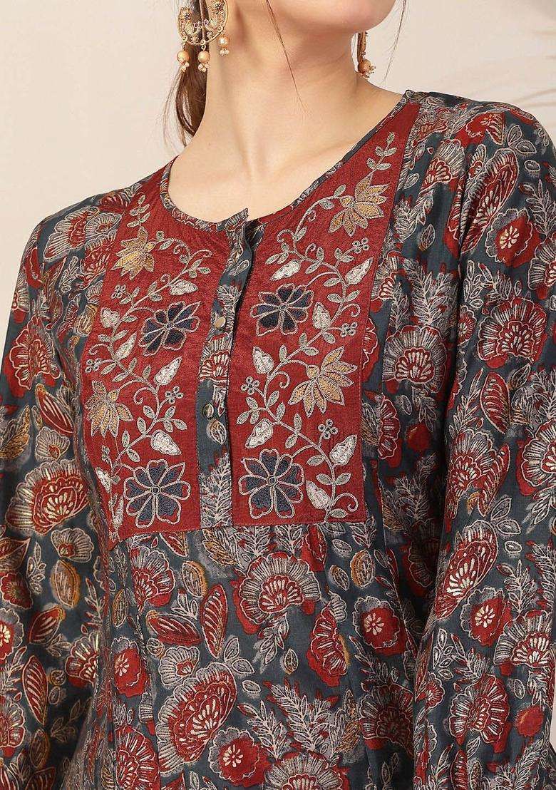 Navy Blue Printed Chanderi Kurta Set - Indya