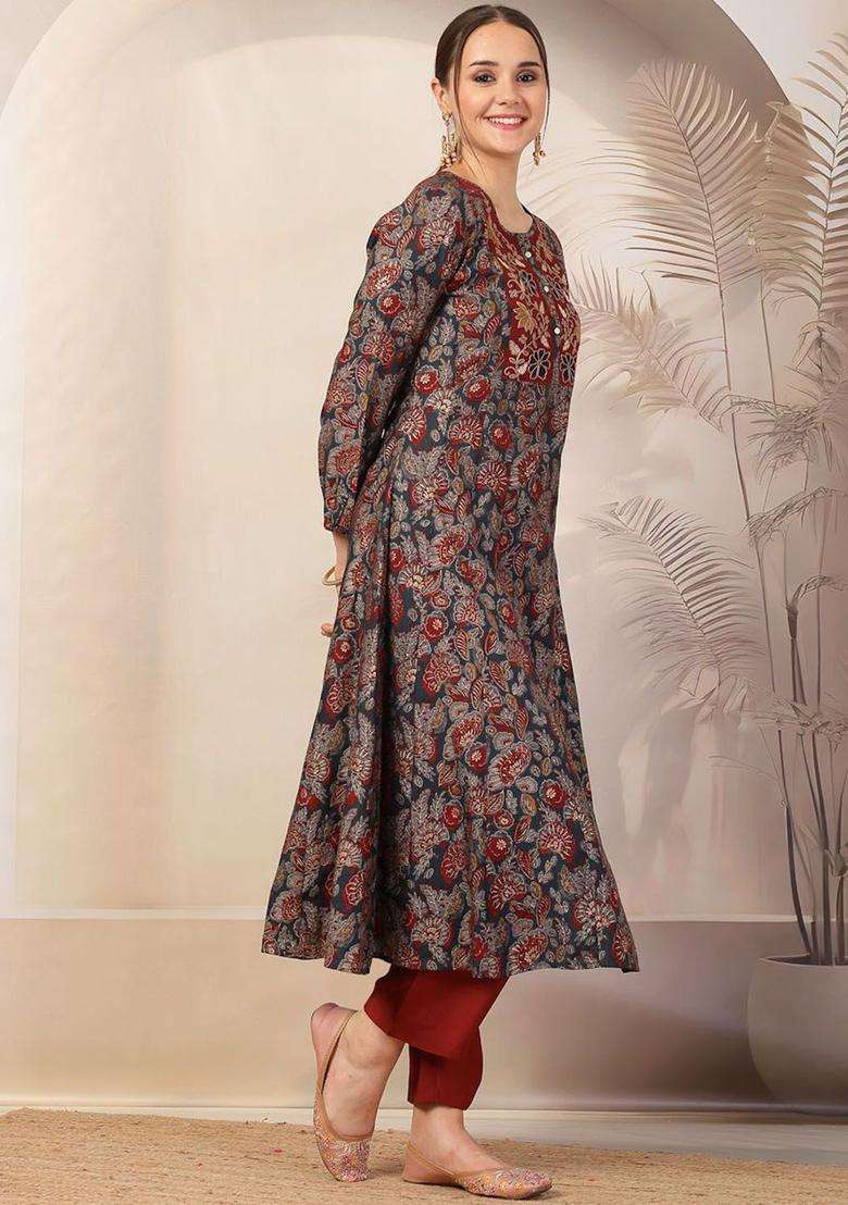 Navy Blue Printed Chanderi Kurta Set - Indya