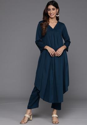 Teal Solid Silk Blend Kurta Set