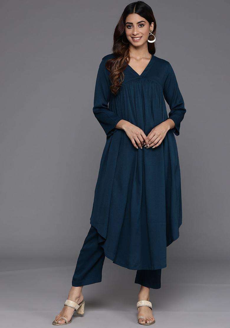 Teal Solid Silk Blend Kurta Set - Indya