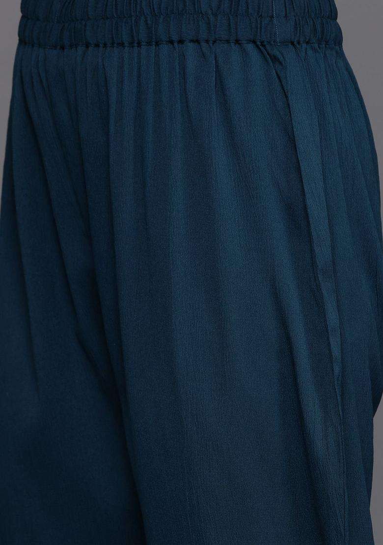 Teal Solid Silk Blend Kurta Set - Indya