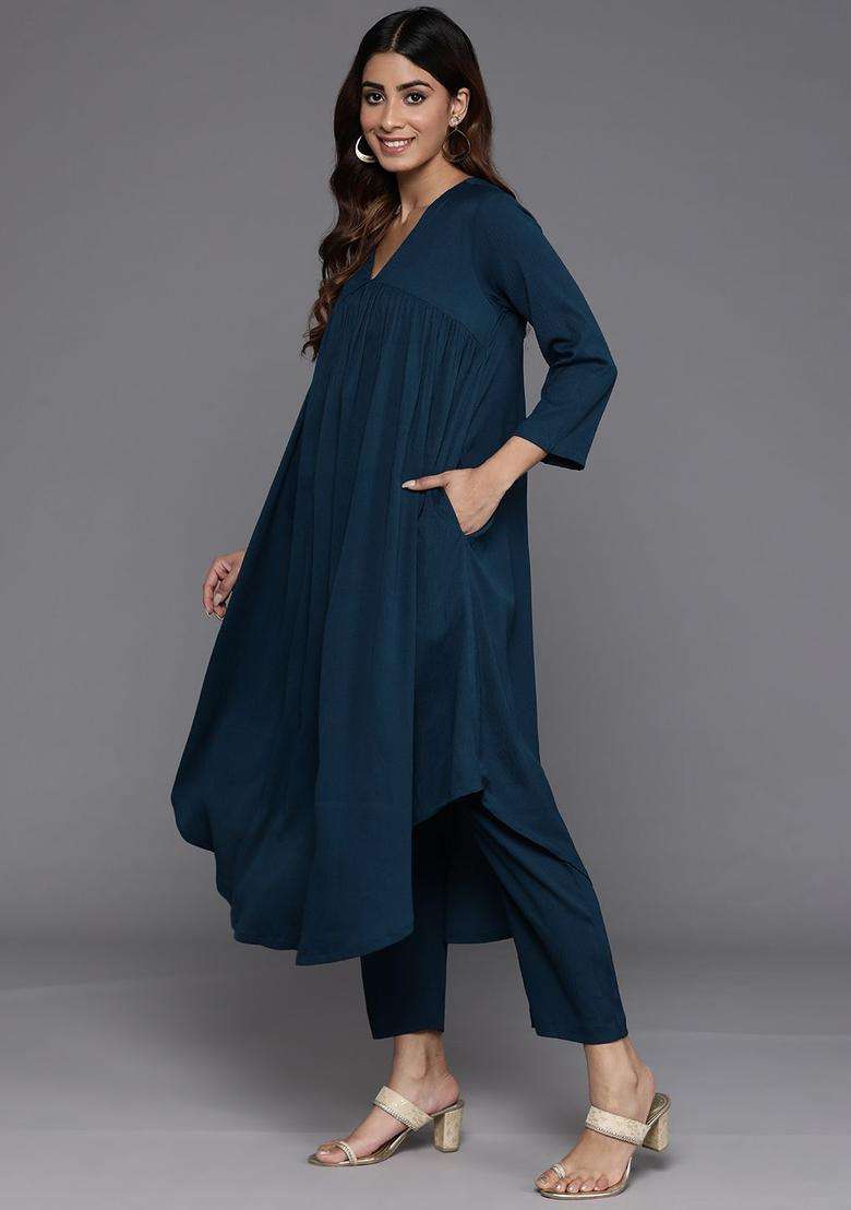 Teal Solid Silk Blend Kurta Set - Indya