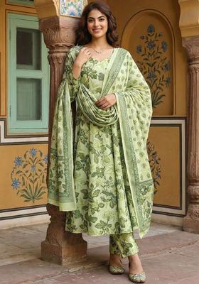 Lime Green Printed Cotton Kurta Set