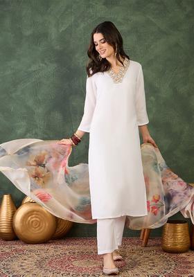 White Solid Viscose Kurta Set