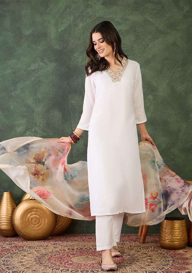 White Solid Viscose Kurta Set - Indya