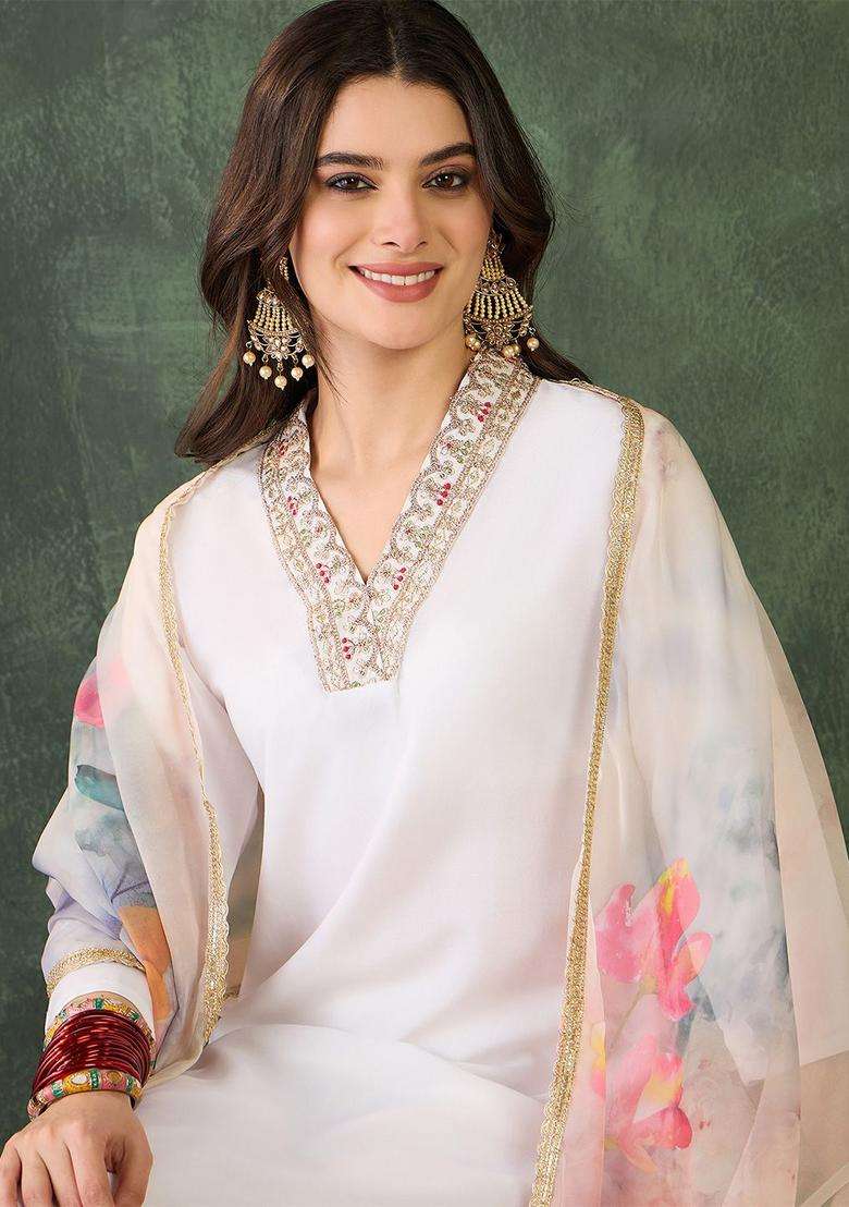 White Solid Viscose Kurta Set - Indya