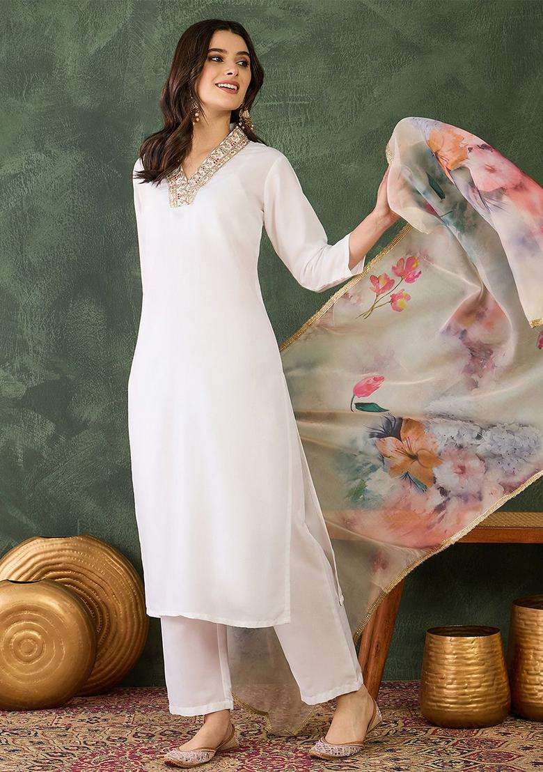 White Solid Viscose Kurta Set - Indya