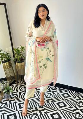 Beige Printed Organza Kurta Set