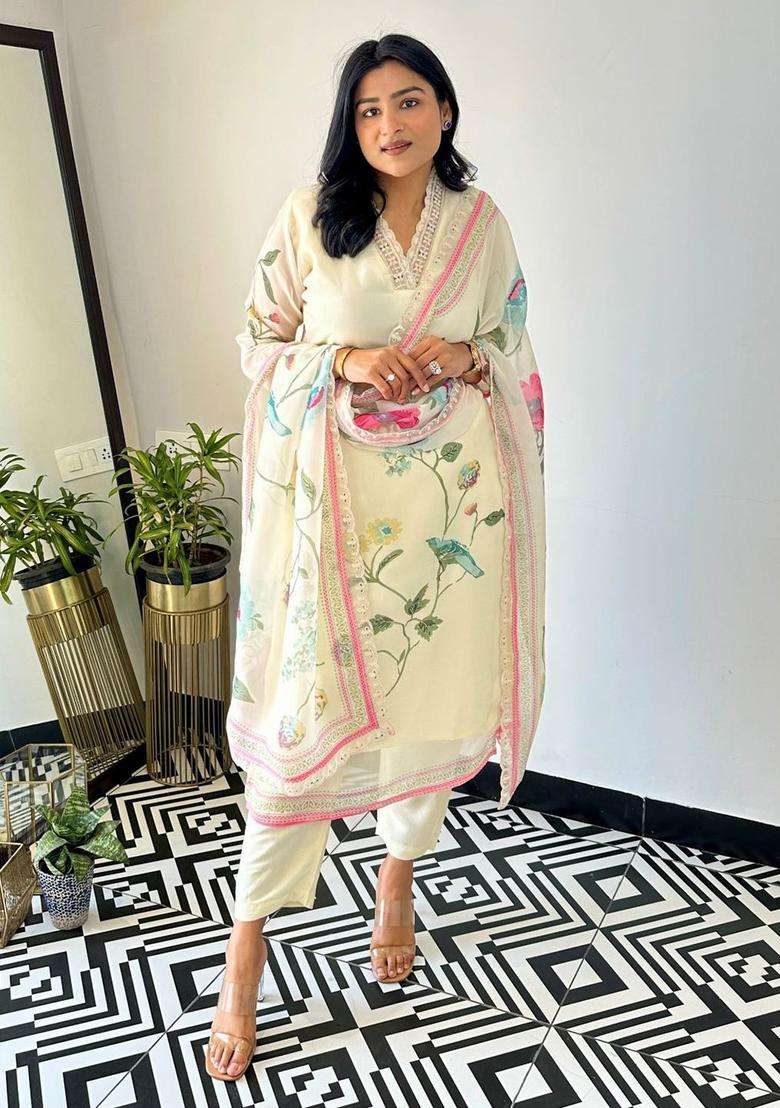 Beige Printed Organza Kurta Set - Indya