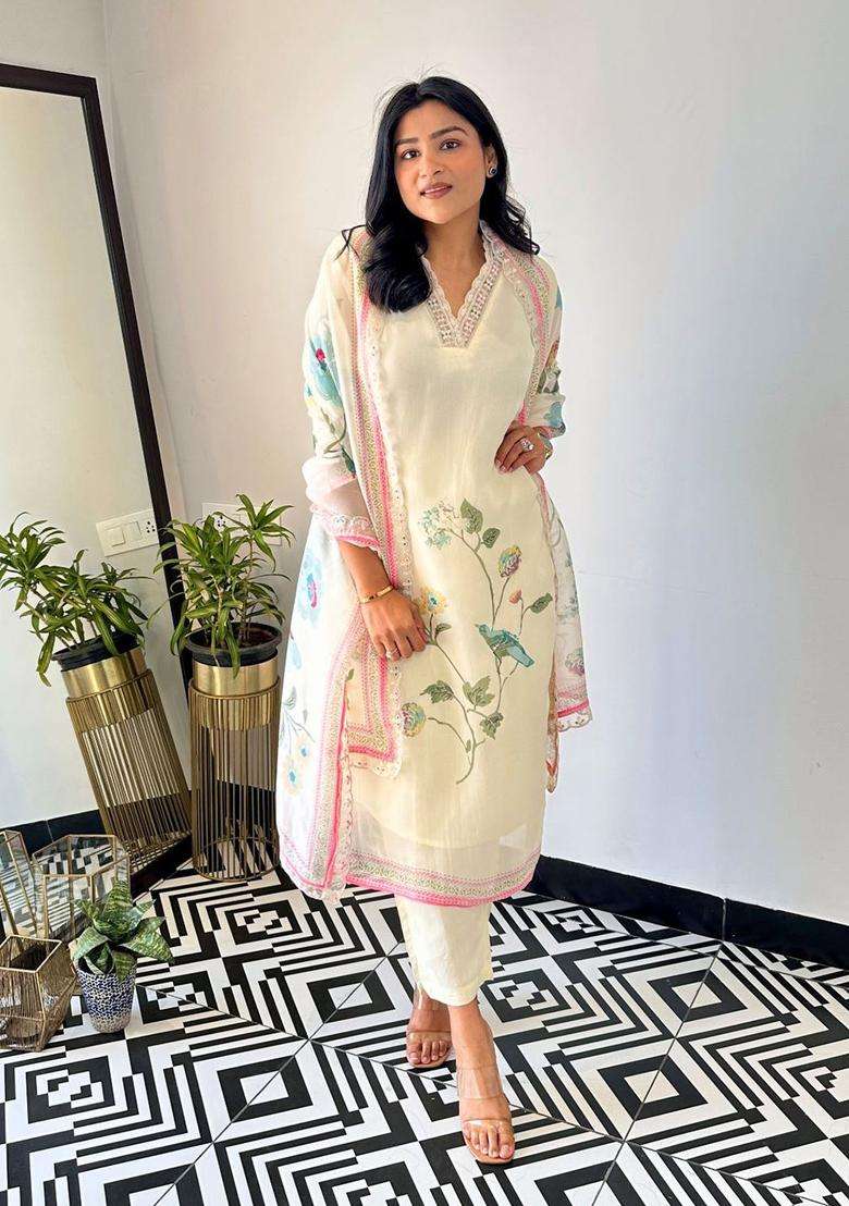 Beige Printed Organza Kurta Set - Indya