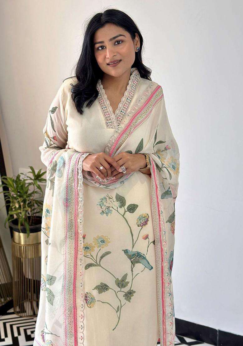 Beige Printed Organza Kurta Set - Indya