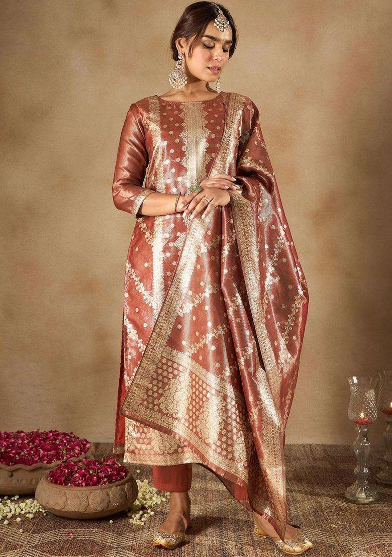 Rust Woven Design Silk Blend Kurta Set - Indya