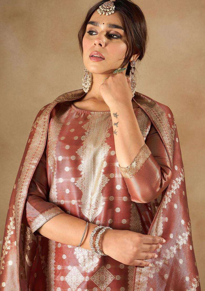 Rust Woven Design Silk Blend Kurta Set - Indya