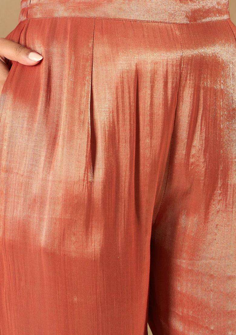 Rust Woven Design Silk Blend Kurta Set - Indya