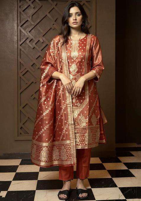 Rust Woven Design Silk Blend Kurta Set