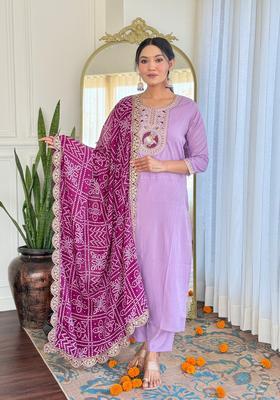 Lavender Embroidered Viscose Kurta Set