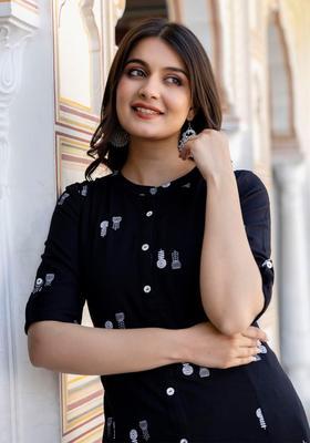 Black Printed Cotton Kurta Set