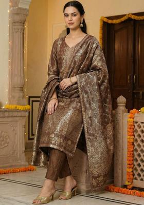 Brown Woven Design Silk Blend Kurta Set