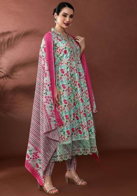 Green Printed Cotton Anarkali Set