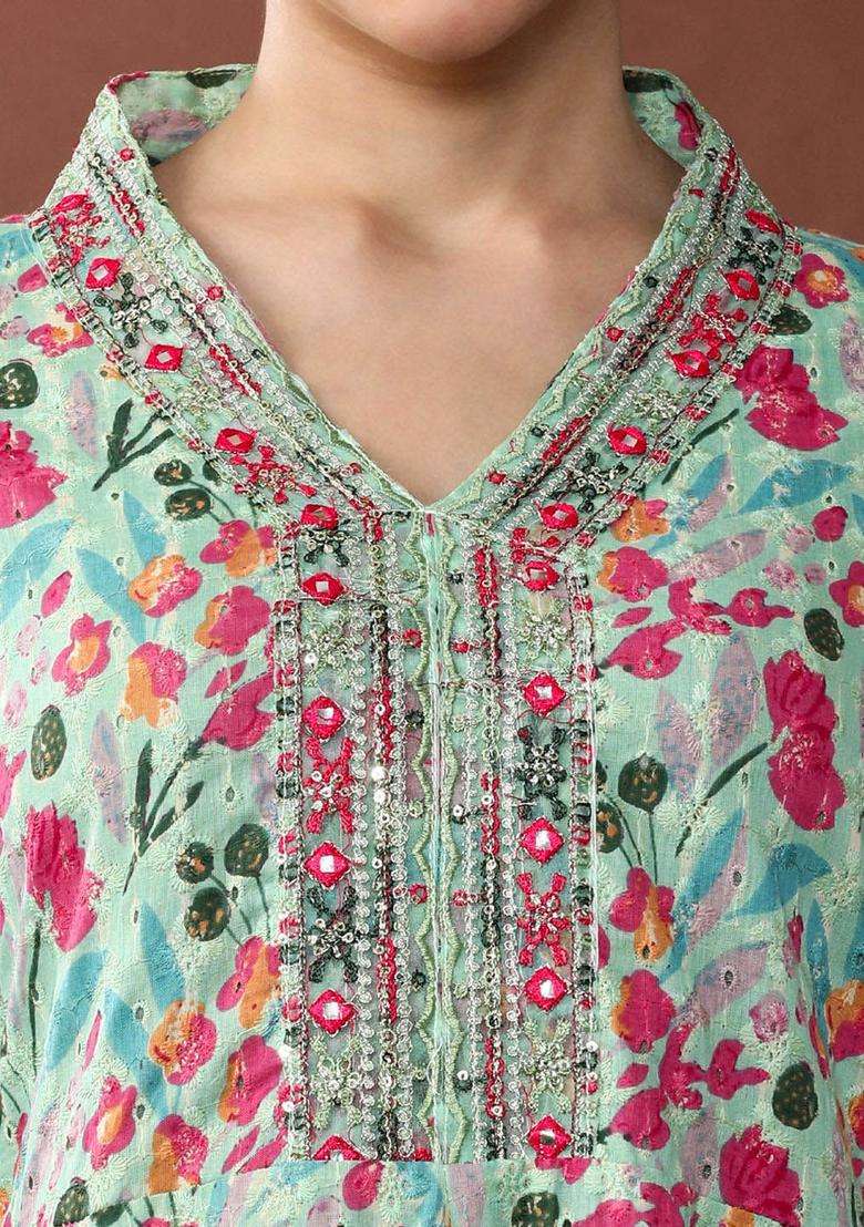 Green Printed Cotton Anarkali Set - Indya