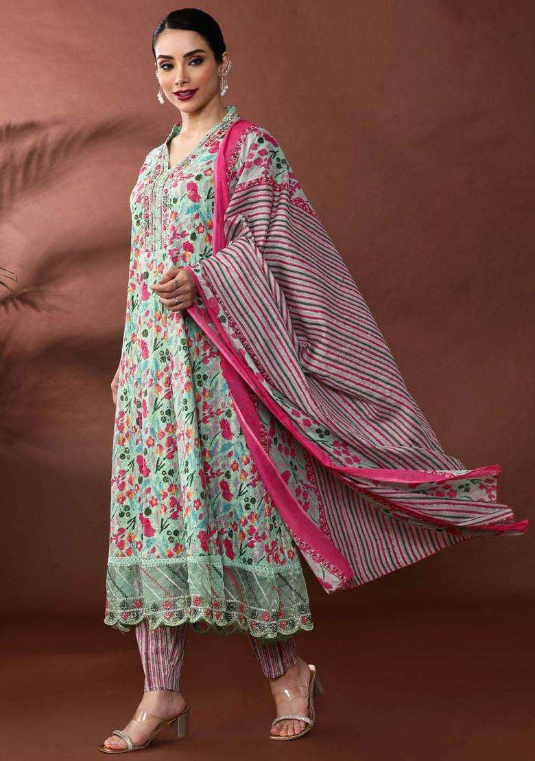 Green Printed Cotton Anarkali Set - Indya