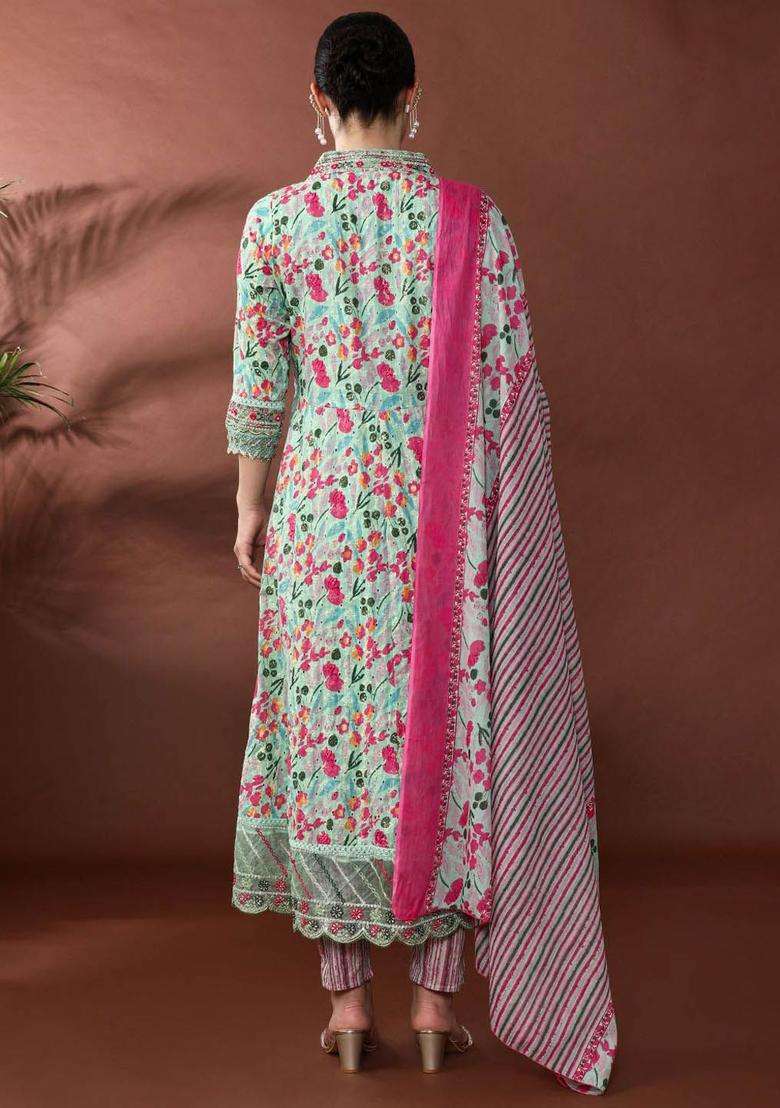 Green Printed Cotton Anarkali Set - Indya