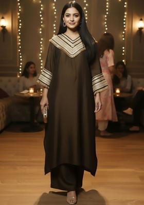 Brown Embroidered Silk Blend Kurta Set