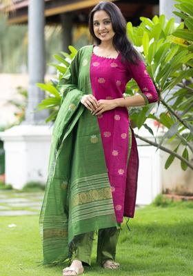 Pink Woven Design Cotton Kurta Set
