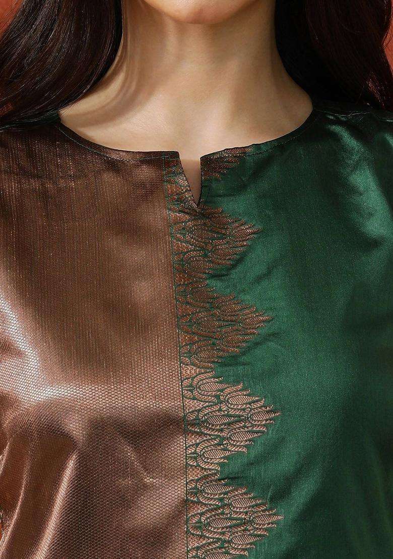Green Woven Design Silk Blend Kurta Set - Indya