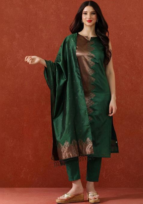 Green Woven Design Silk Kurta Set — view on Indya