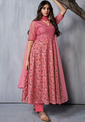 Peach Printed Organza Kurta Set