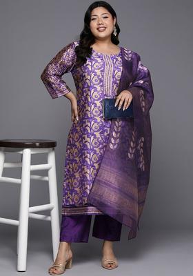 Purple Woven Design Silk Blend Kurta Set