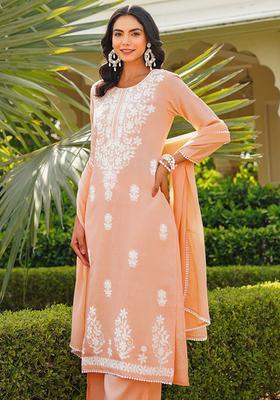 Peach Embroidered Cotton Kurta Set