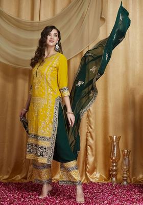 Yellow Embroidered Georgette Kurta Set